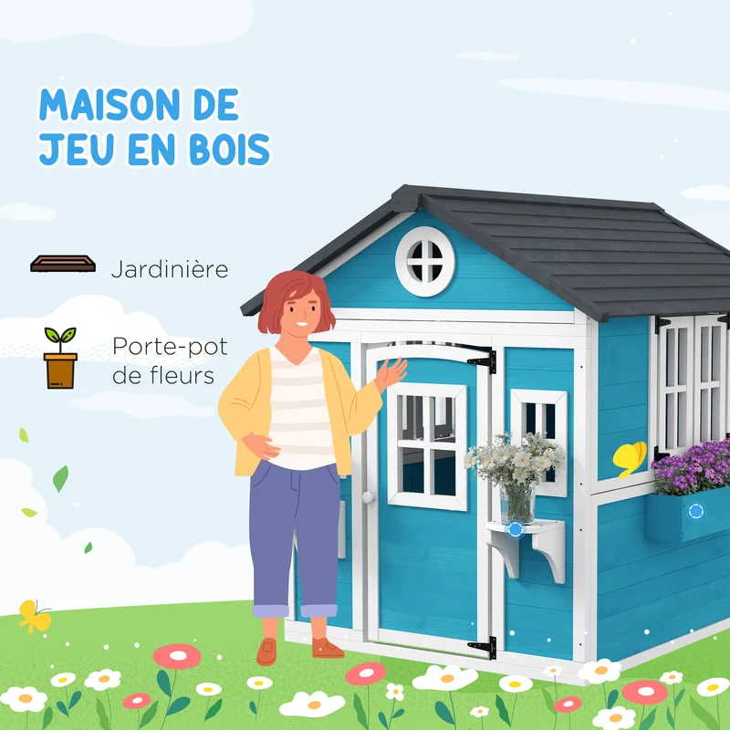 Cabane de jeu maison enfant jardin 114 x 126 x 135 cm jardinières scandinave compact toit étanche en bois de sapin bleu 21_0000398