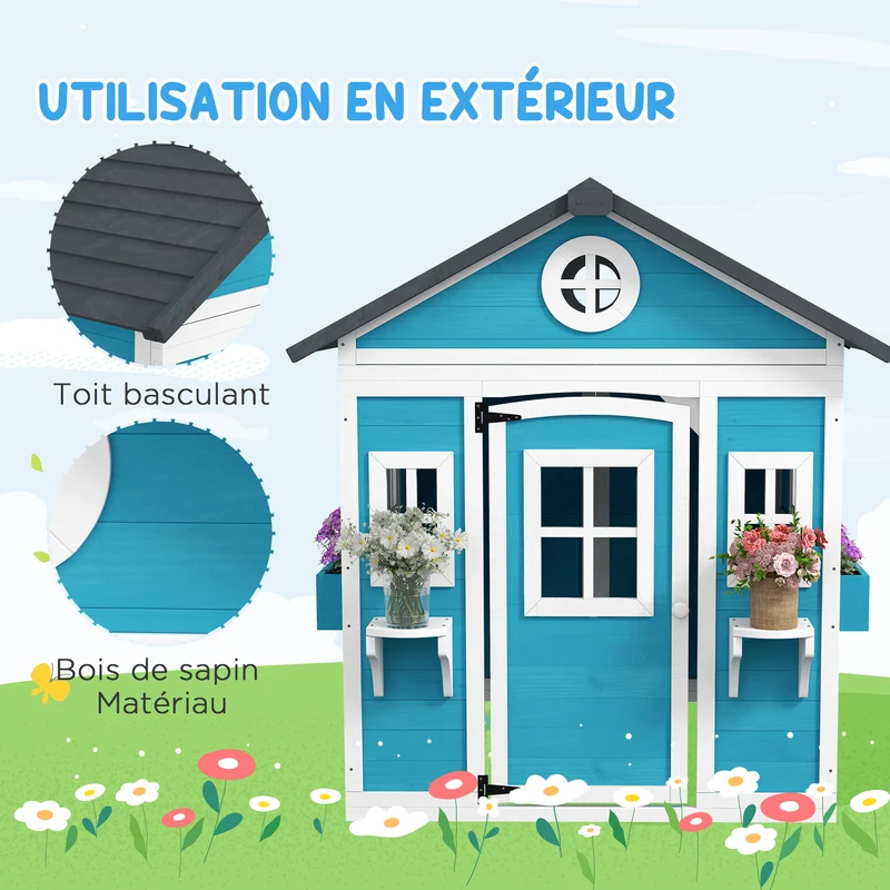 Cabane de jeu maison enfant jardin 114 x 126 x 135 cm jardinières scandinave compact toit étanche en bois de sapin bleu 21_0000398