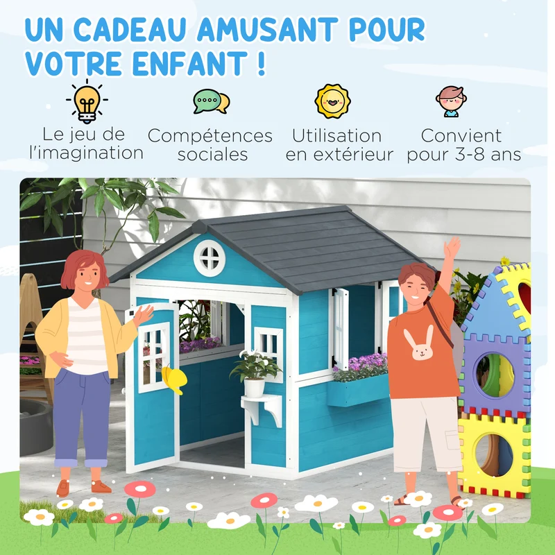 Cabane de jeu maison enfant jardin 114 x 126 x 135 cm jardinières scandinave compact toit étanche en bois de sapin bleu 21_0000398