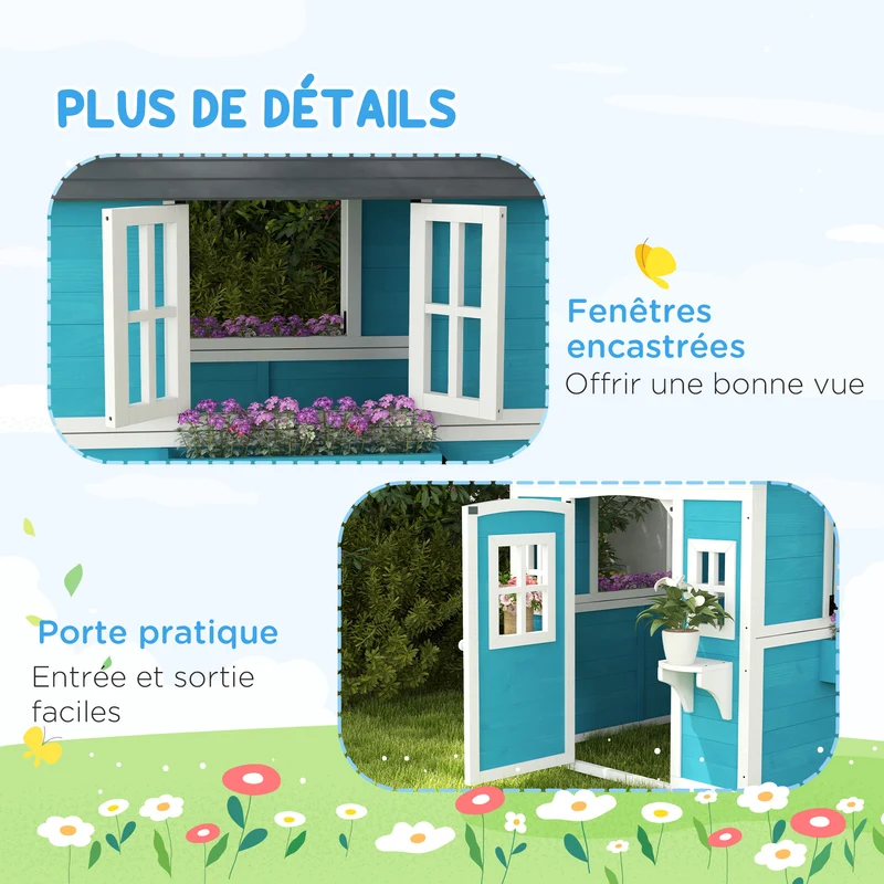 Cabane de jeu maison enfant jardin 114 x 126 x 135 cm jardinières scandinave compact toit étanche en bois de sapin bleu 21_0000398