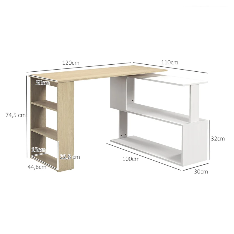 Bureau d'angle modulable 120 x 110 x 74,5 cm étagère 3 niveaux pivotante rangements gain place moderne en mélaminé blanc 21_0002404