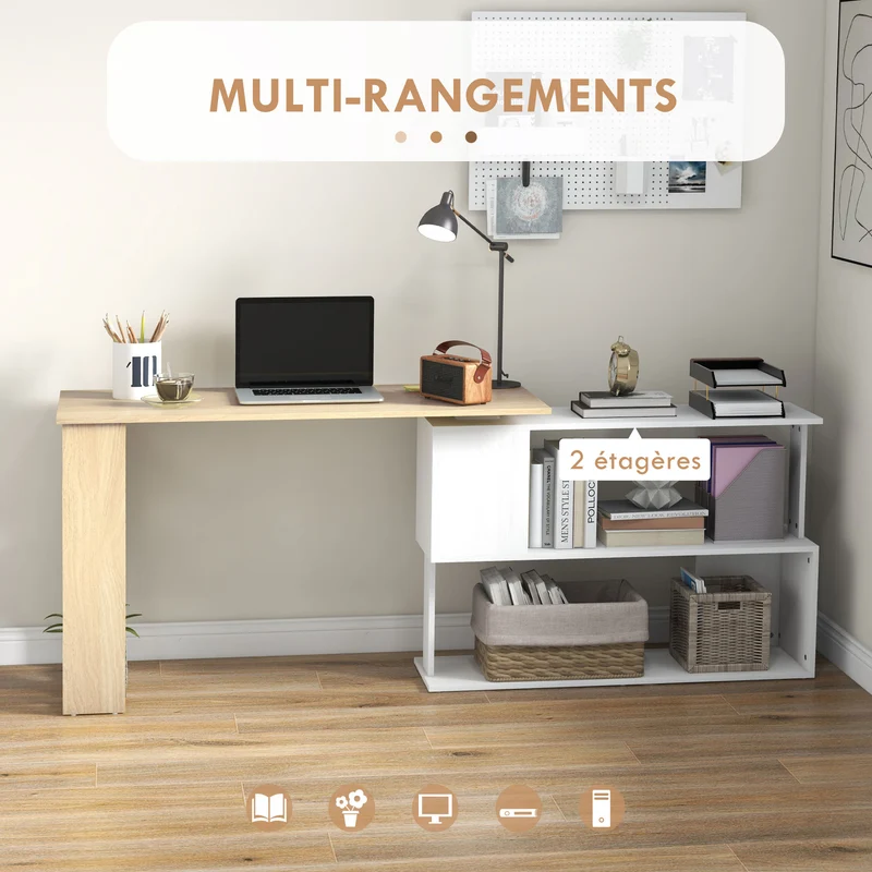 Bureau d'angle modulable 120 x 110 x 74,5 cm étagère 3 niveaux pivotante rangements gain place moderne en mélaminé blanc 21_0002404