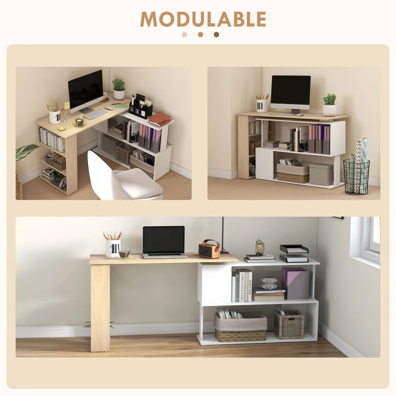 Bureau d'angle modulable 120 x 110 x 74,5 cm étagère 3 niveaux pivotante rangements gain place moderne en mélaminé blanc 21_0002404