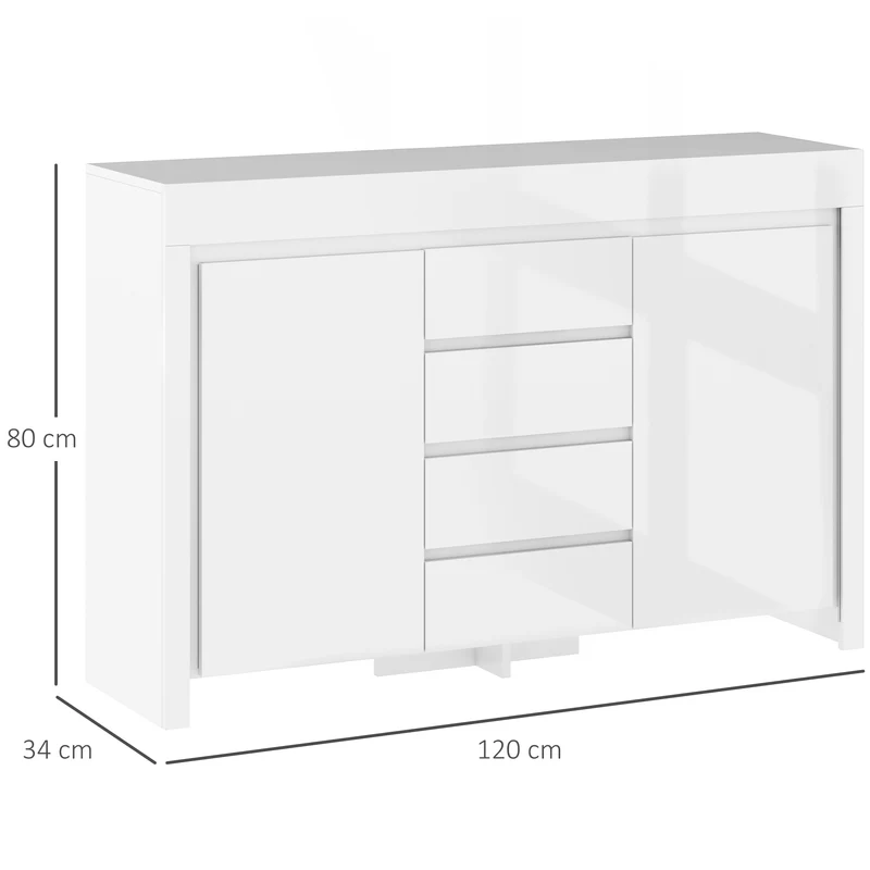 Buffet de salon 120 x 34 x 80 cm 4 tiroirs 2 armoires fermeture douce éclairage led pratique design épuré en MDF blanc 21_0003462