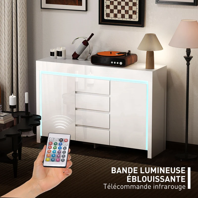 Buffet de salon 120 x 34 x 80 cm 4 tiroirs 2 armoires fermeture douce éclairage led pratique design épuré en MDF blanc 21_0003462