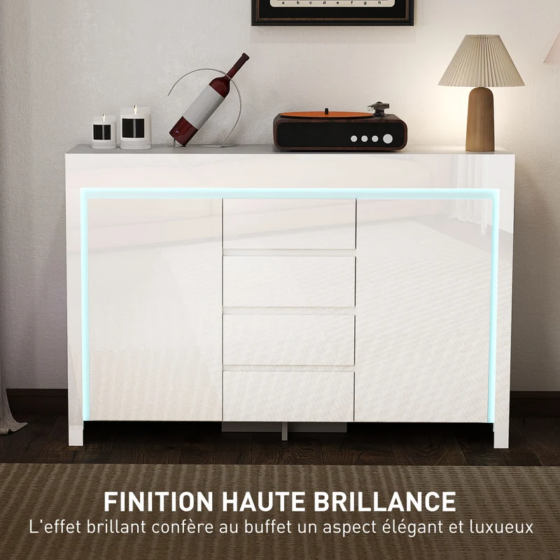 Buffet de salon 120 x 34 x 80 cm 4 tiroirs 2 armoires fermeture douce éclairage led pratique design épuré en MDF blanc 21_0003462