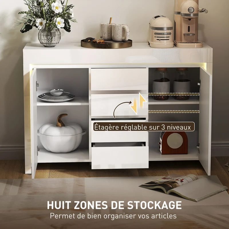 Buffet de salon 120 x 34 x 80 cm 4 tiroirs 2 armoires fermeture douce éclairage led pratique design épuré en MDF blanc 21_0003462
