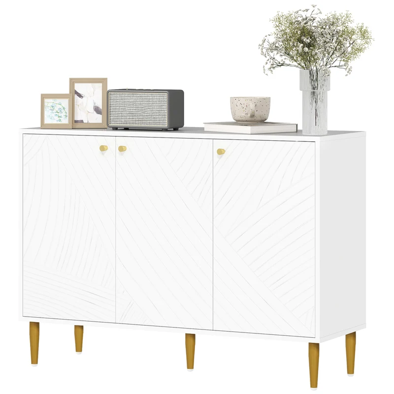 Buffet de rangement salon 107 x 35 x 77 cm rangement modulable portes sculptées pieds dorés contemporain en MDF blanc 21_0003467