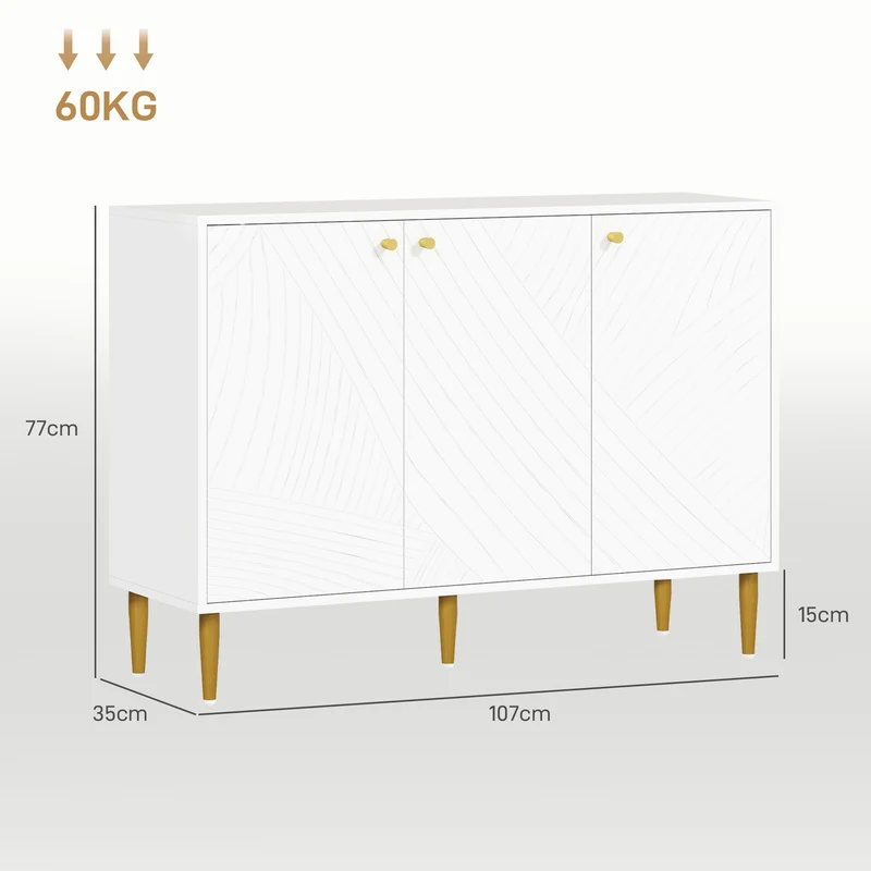 Buffet de rangement salon 107 x 35 x 77 cm rangement modulable portes sculptées pieds dorés contemporain en MDF blanc 21_0003467