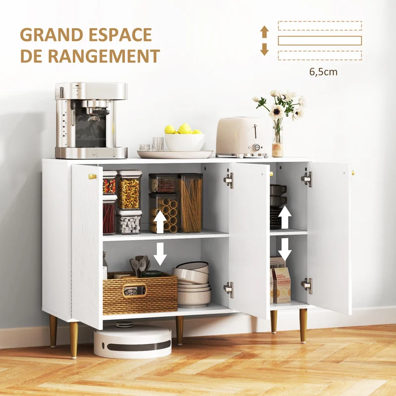 Buffet de rangement salon 107 x 35 x 77 cm rangement modulable portes sculptées pieds dorés contemporain en MDF blanc 21_0003467