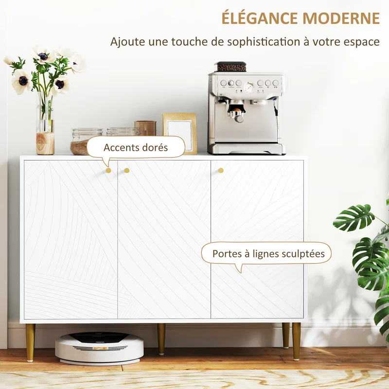 Buffet de rangement salon 107 x 35 x 77 cm rangement modulable portes sculptées pieds dorés contemporain en MDF blanc 21_0003467