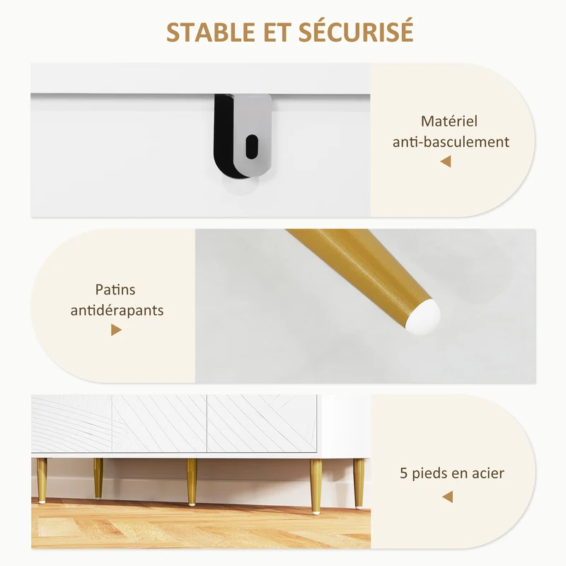 Buffet de rangement salon 107 x 35 x 77 cm rangement modulable portes sculptées pieds dorés contemporain en MDF blanc 21_0003467