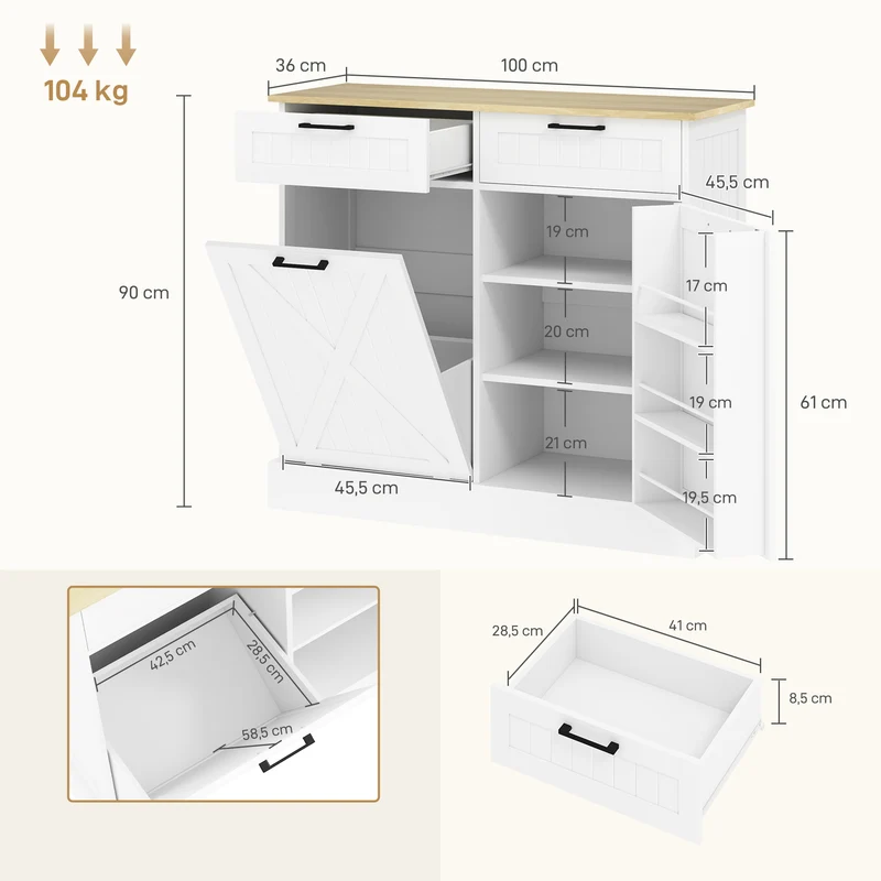 Buffet de cuisine îlot 100 x 36 x 90 cm poubelle 38 l 2 tiroirs rangement pratique pour salon style rustique en MDF blanc 21_0003278