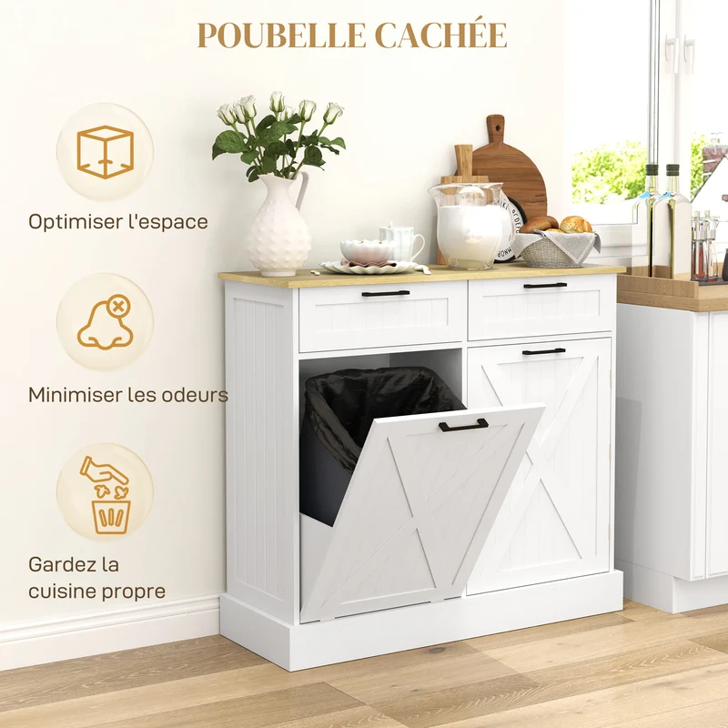 Buffet de cuisine îlot 100 x 36 x 90 cm poubelle 38 l 2 tiroirs rangement pratique pour salon style rustique en MDF blanc 21_0003278