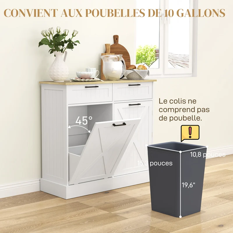 Buffet de cuisine îlot 100 x 36 x 90 cm poubelle 38 l 2 tiroirs rangement pratique pour salon style rustique en MDF blanc 21_0003278