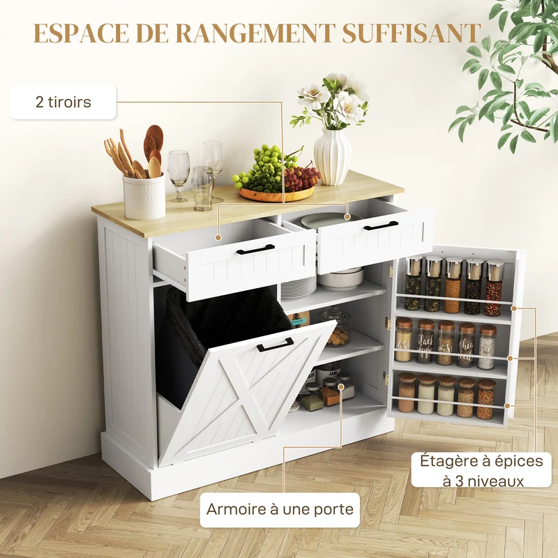 Buffet de cuisine îlot 100 x 36 x 90 cm poubelle 38 l 2 tiroirs rangement pratique pour salon style rustique en MDF blanc 21_0003278