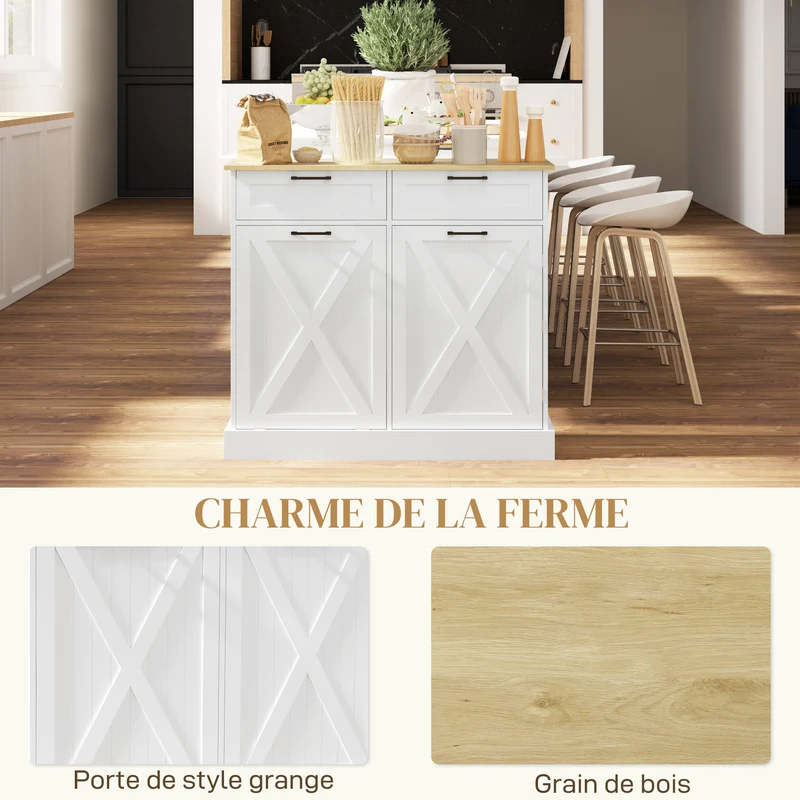 Buffet de cuisine îlot 100 x 36 x 90 cm poubelle 38 l 2 tiroirs rangement pratique pour salon style rustique en MDF blanc 21_0003278