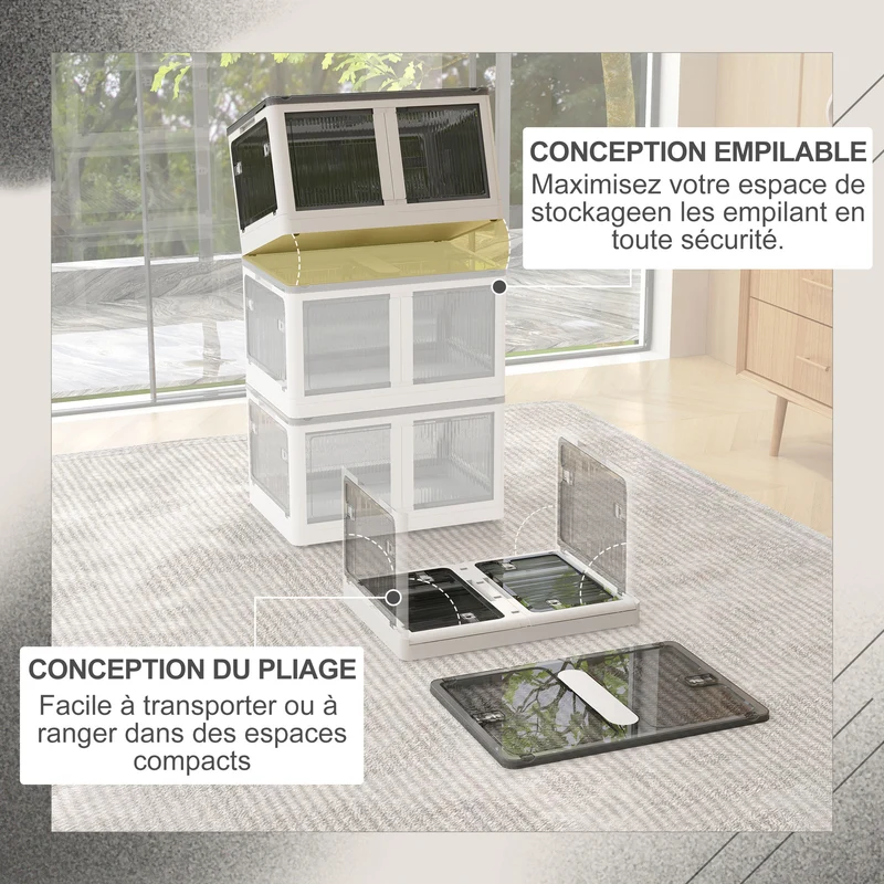 Boîte de rangement pliable empilable 67 x 47 x 38 cm accès 5 côtés 4 roulettes salon bureau contemporain en PP blanc 21_0002934