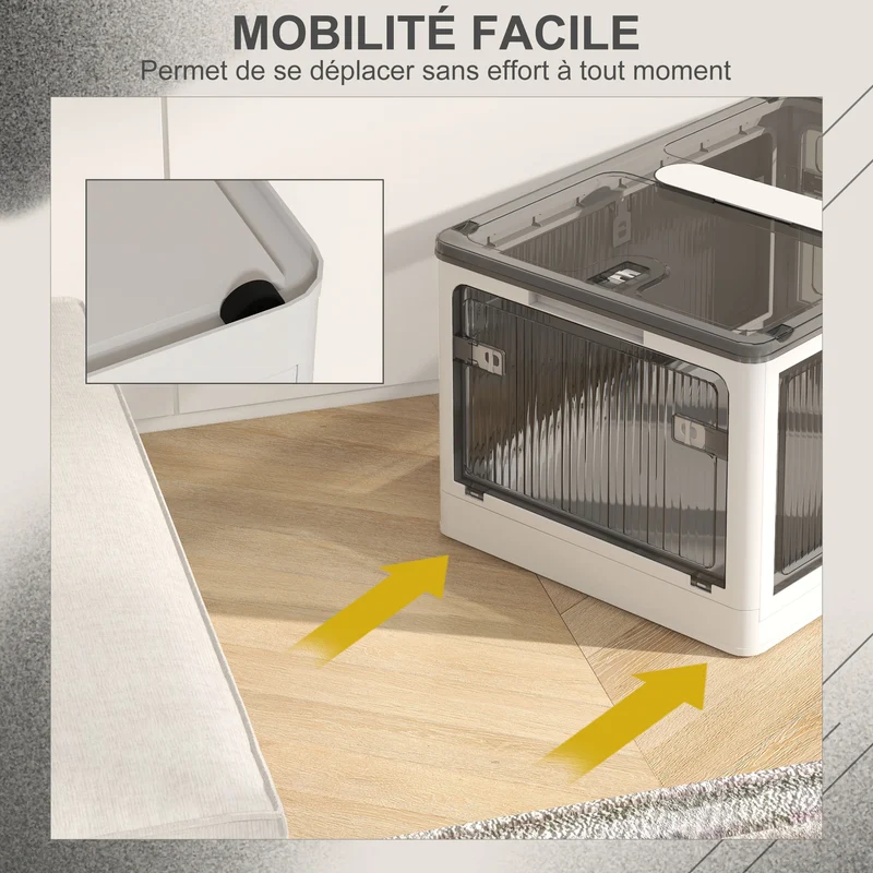 Boîte de rangement pliable empilable 67 x 47 x 38 cm accès 5 côtés 4 roulettes salon bureau contemporain en PP blanc 21_0002934