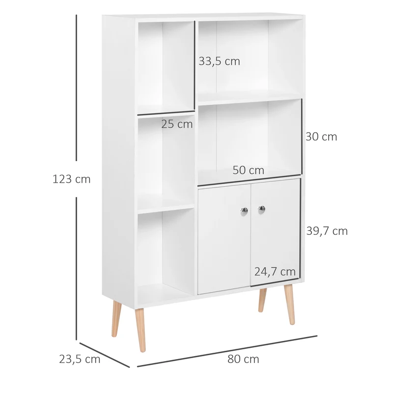 Bibliothèque rangement scandinave 80 x 23,5 x 123 cm 6 compartiments avec placard épuré en panneaux de particules blanc 21_0002411