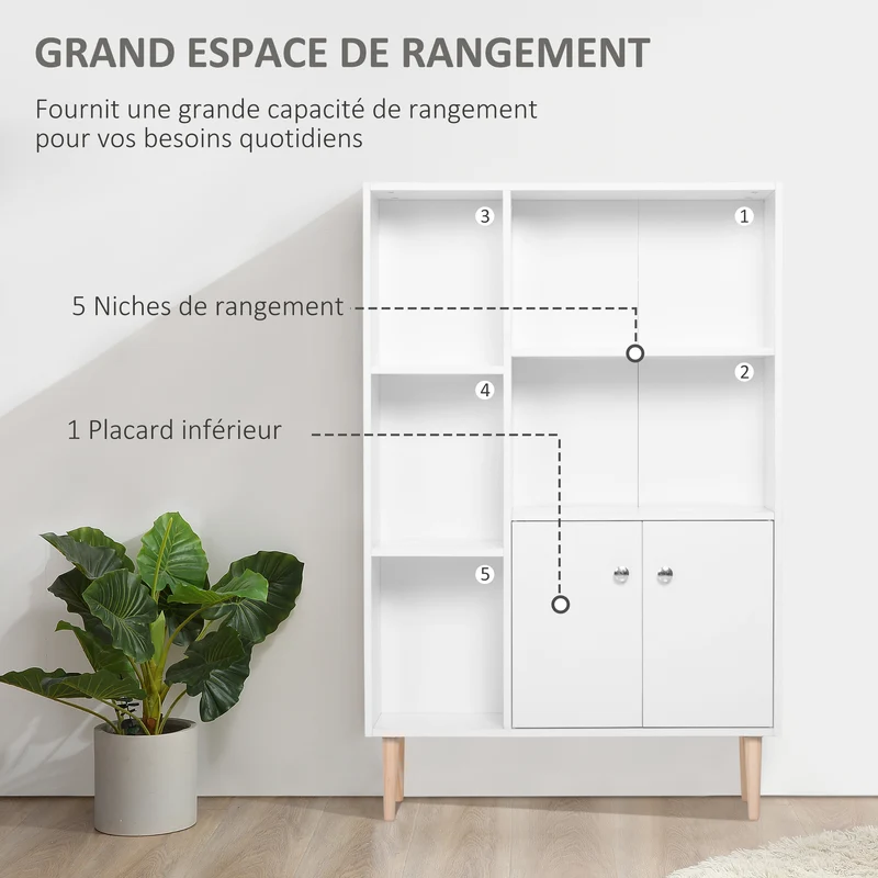 Bibliothèque rangement scandinave 80 x 23,5 x 123 cm 6 compartiments avec placard épuré en panneaux de particules blanc 21_0002411