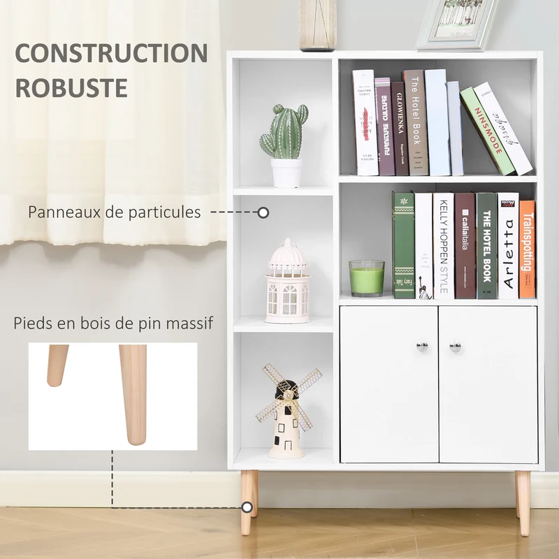Bibliothèque rangement scandinave 80 x 23,5 x 123 cm 6 compartiments avec placard épuré en panneaux de particules blanc 21_0002411