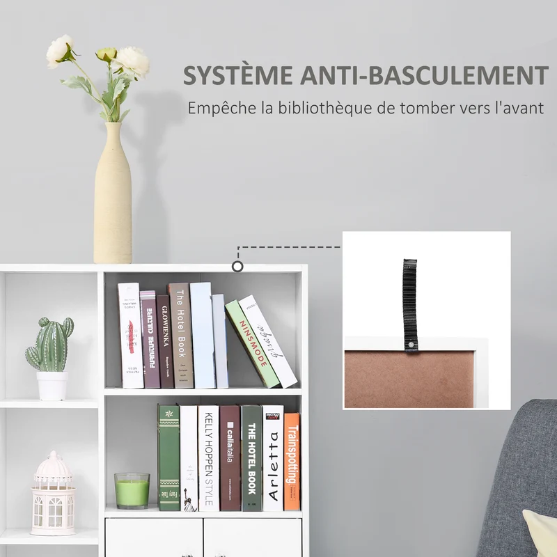 Bibliothèque rangement scandinave 80 x 23,5 x 123 cm 6 compartiments avec placard épuré en panneaux de particules blanc 21_0002411