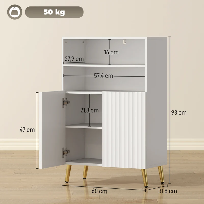 Armoire de salle de bain 5 niveaux 60 x 31.8 x 93 cm gain de place portes cannelées fermeture douce moderne en MDF blanc 21_0002132