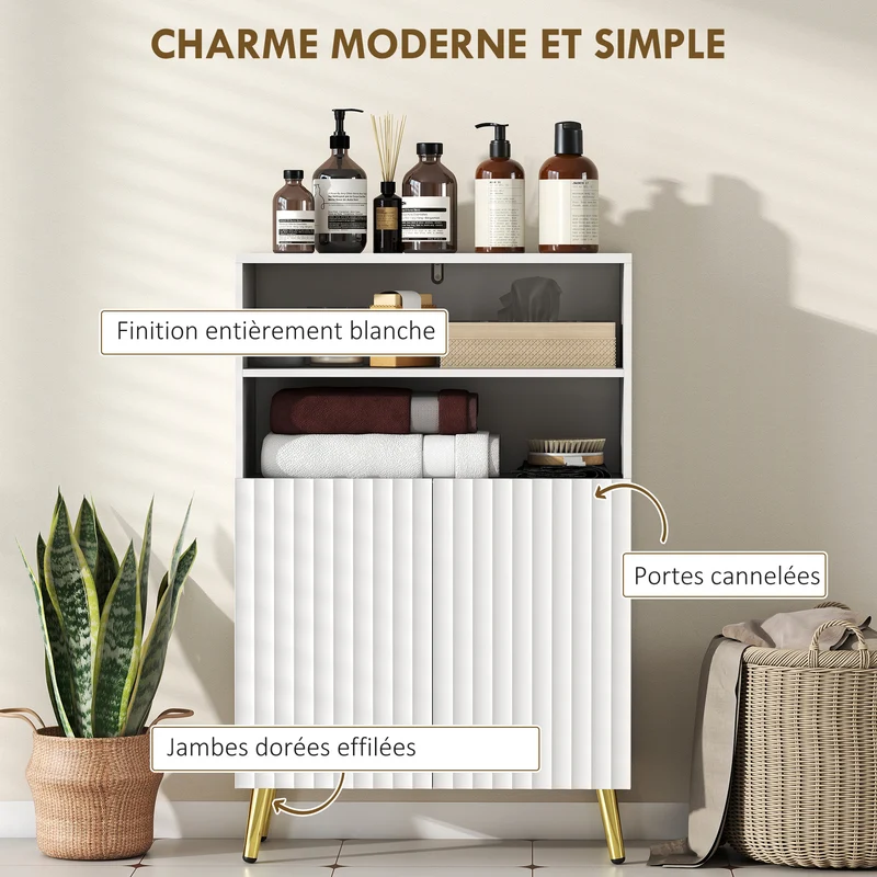 Armoire de salle de bain 5 niveaux 60 x 31.8 x 93 cm gain de place portes cannelées fermeture douce moderne en MDF blanc 21_0002132