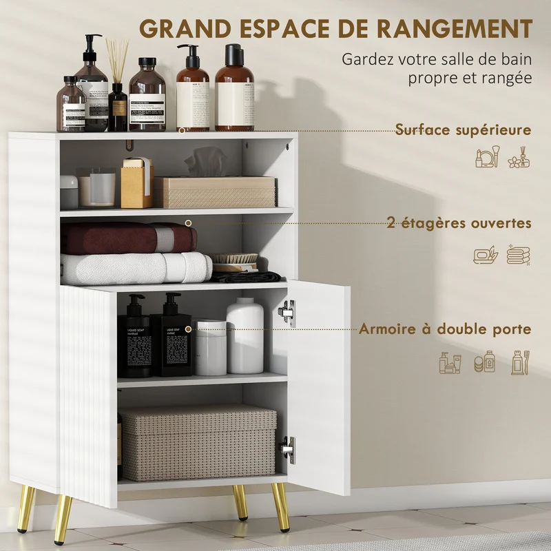 Armoire de salle de bain 5 niveaux 60 x 31.8 x 93 cm gain de place portes cannelées fermeture douce moderne en MDF blanc 21_0002132