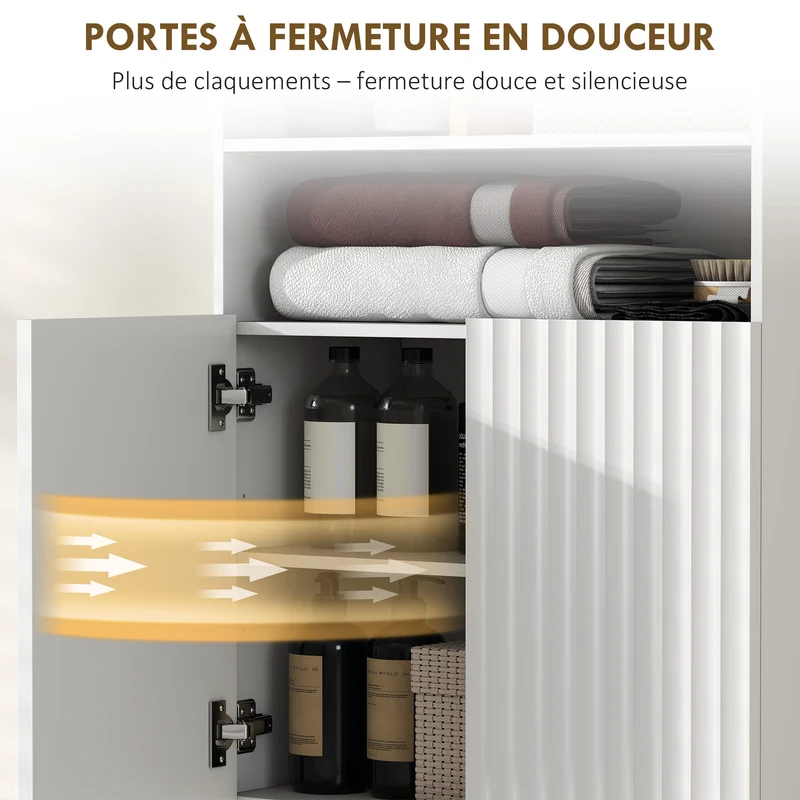 Armoire de salle de bain 5 niveaux 60 x 31.8 x 93 cm gain de place portes cannelées fermeture douce moderne en MDF blanc 21_0002132