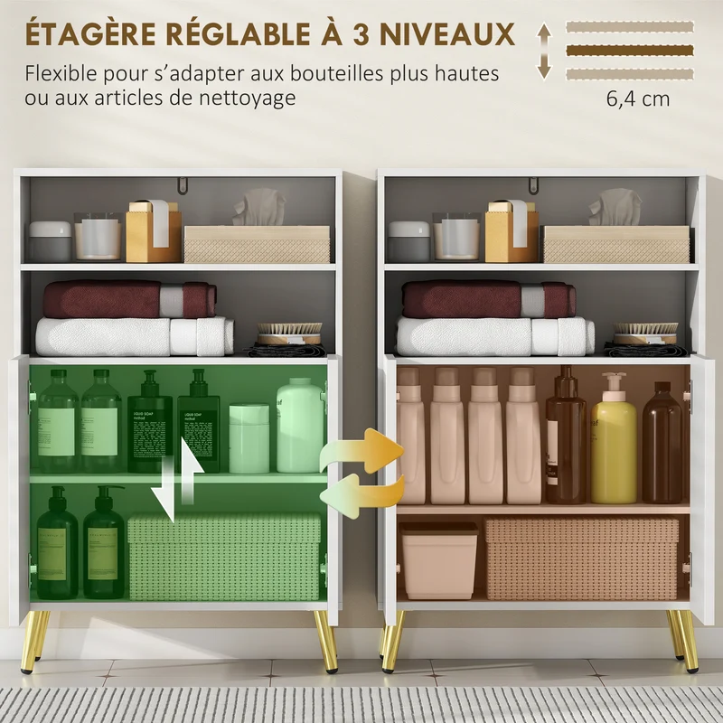 Armoire de salle de bain 5 niveaux 60 x 31.8 x 93 cm gain de place portes cannelées fermeture douce moderne en MDF blanc 21_0002132