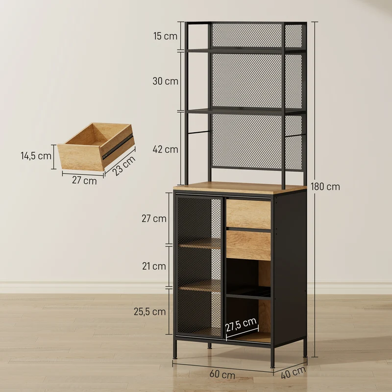 Armoire de cuisine 60 x 40 x 180 cm plan de travail porte coulissante rangement et tiroirs industriel en bois naturel 21_0003331
