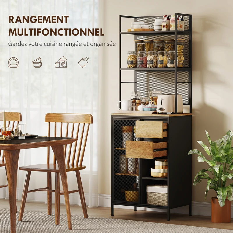 Armoire de cuisine 60 x 40 x 180 cm plan de travail porte coulissante rangement et tiroirs industriel en bois naturel 21_0003331
