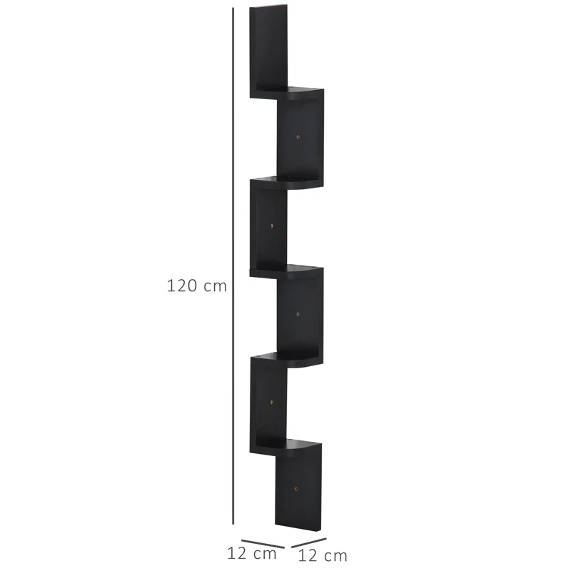 Étagère d'angle murale zigzag salon bureau 12 x 12 x 120 cm 5 niveaux de rangement style contemporain épuré en MDF noire 21_0001698