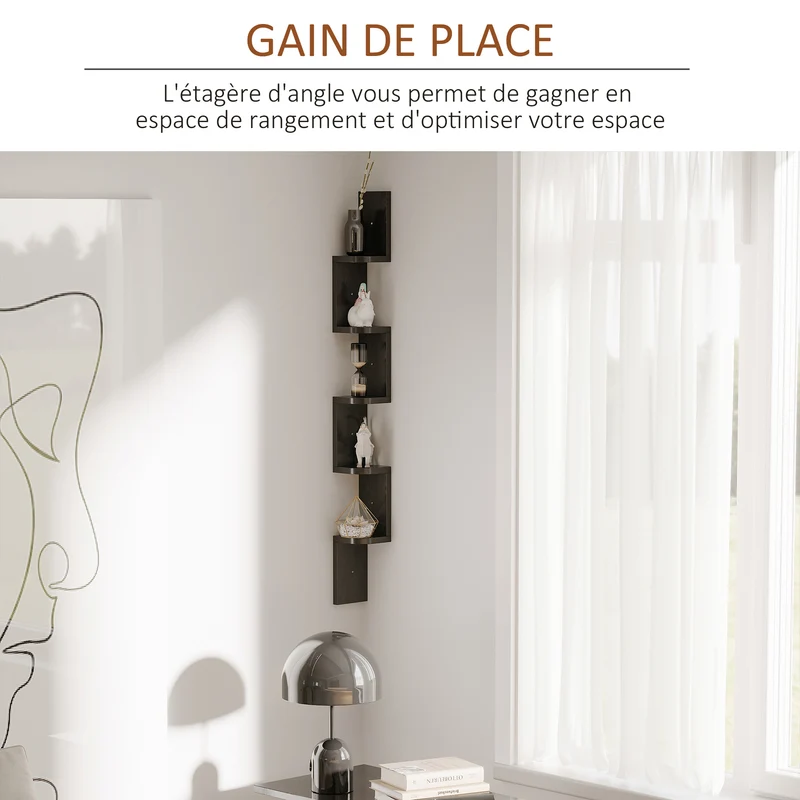 Étagère d'angle murale zigzag salon bureau 12 x 12 x 120 cm 5 niveaux de rangement style contemporain épuré en MDF noire 21_0001698