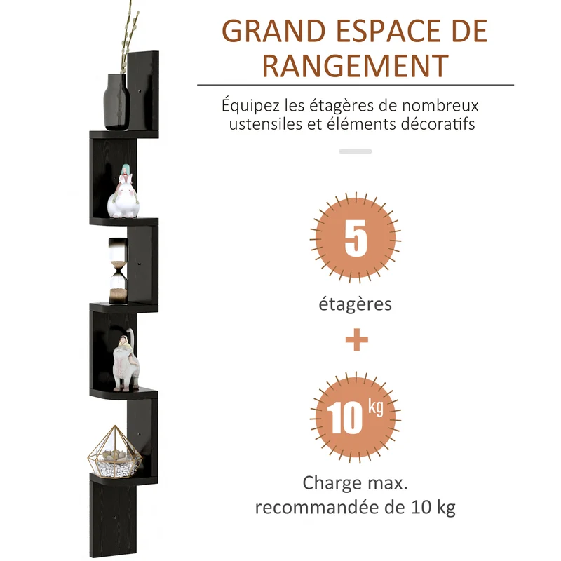 Étagère d'angle murale zigzag salon bureau 12 x 12 x 120 cm 5 niveaux de rangement style contemporain épuré en MDF noire 21_0001698