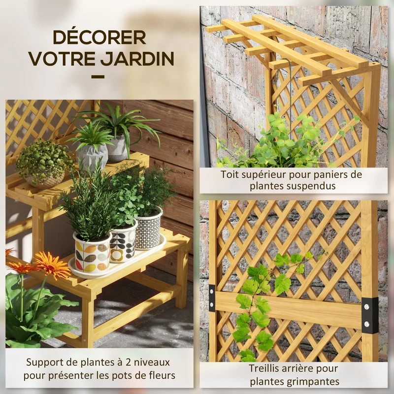 Support plantes 2 niveaux treillis toit 60 x 50 x 166 cm plantes grimpantes étagères à lattes rustique en bois jaune 21_0005463
