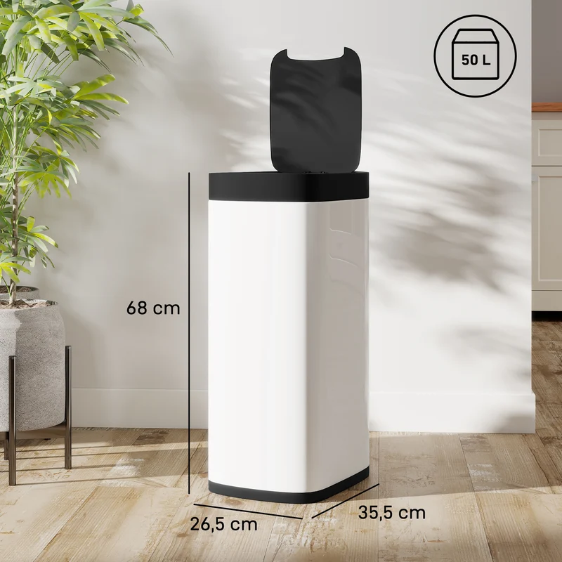 Poubelle automatique de cuisine 26,5 x 35,5 x 68 cm 50 l ouverture mains libres anti odeurs salon moderne en métal crème 21_0005928