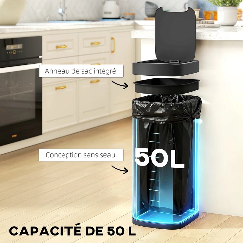 Poubelle automatique de cuisine 26,5 x 35,5 x 68 cm 50 l ouverture mains libres anti odeurs salon moderne en métal crème 21_0005928