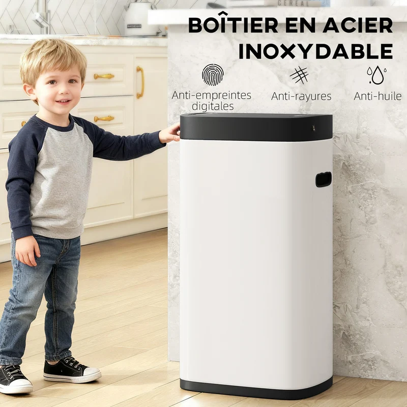 Poubelle automatique de cuisine 26,5 x 35,5 x 68 cm 50 l ouverture mains libres anti odeurs salon moderne en métal crème 21_0005928