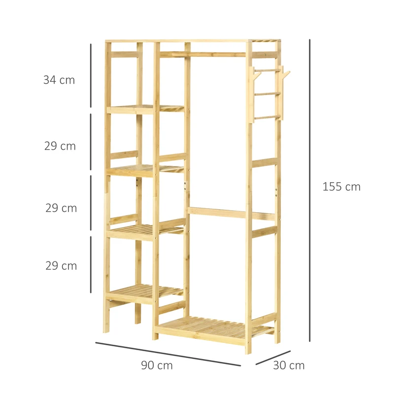 Penderie porte-manteaux 90 x 30 x 155 cm avec étagères tringle et 2 patères anti-basculement épuré en bambou bois naturel 21_0005786