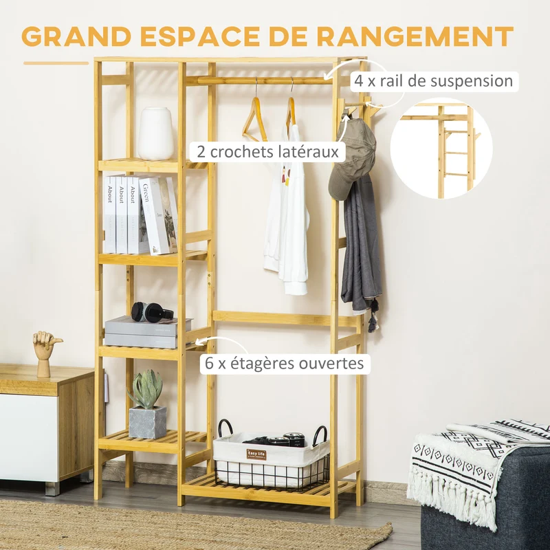 Penderie porte-manteaux 90 x 30 x 155 cm avec étagères tringle et 2 patères anti-basculement épuré en bambou bois naturel 21_0005786