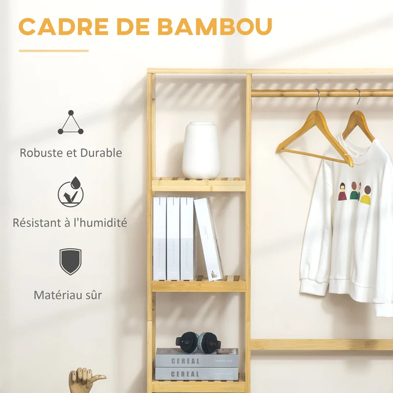 Penderie porte-manteaux 90 x 30 x 155 cm avec étagères tringle et 2 patères anti-basculement épuré en bambou bois naturel 21_0005786