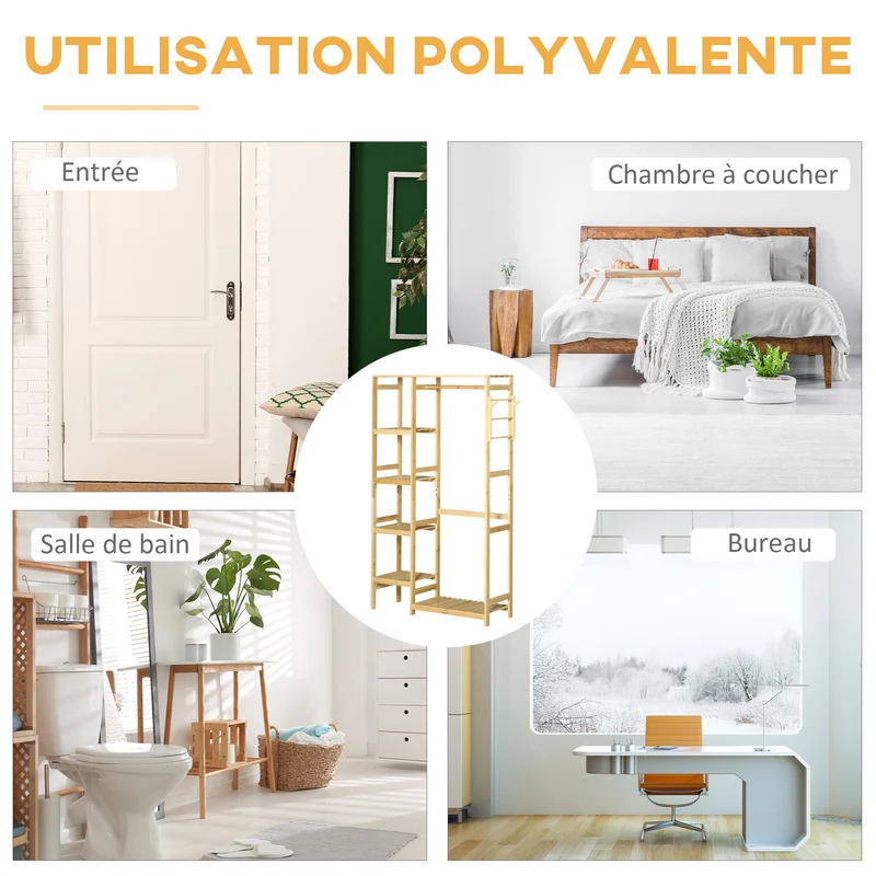 Penderie porte-manteaux 90 x 30 x 155 cm avec étagères tringle et 2 patères anti-basculement épuré en bambou bois naturel 21_0005786