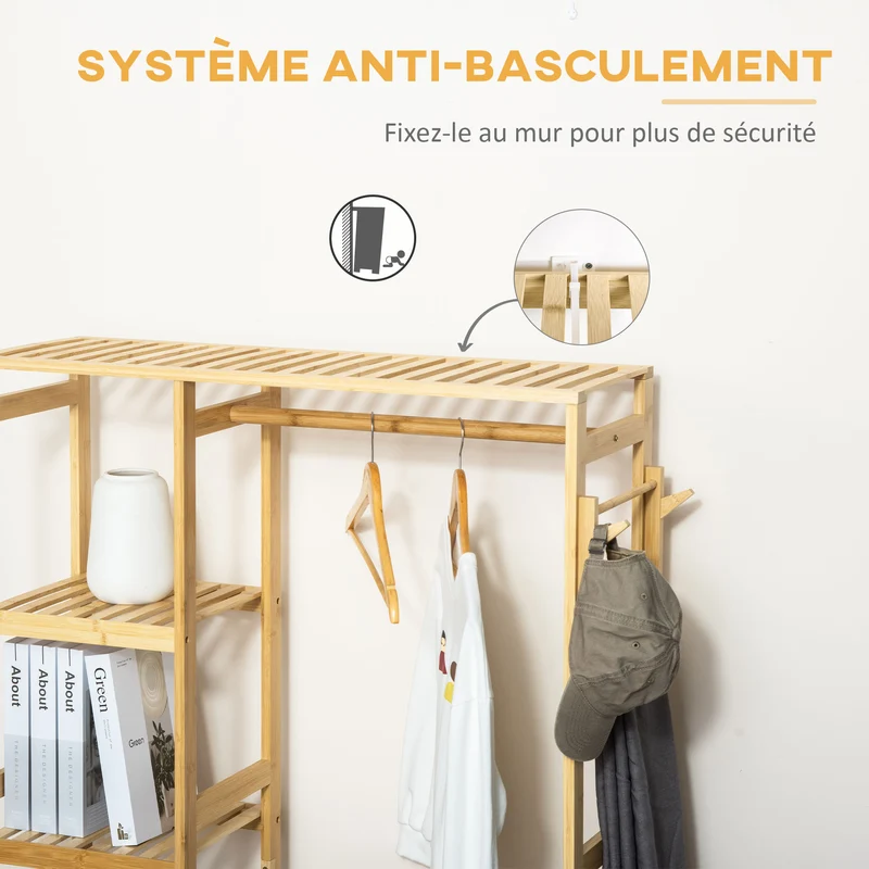Penderie porte-manteaux 90 x 30 x 155 cm avec étagères tringle et 2 patères anti-basculement épuré en bambou bois naturel 21_0005786