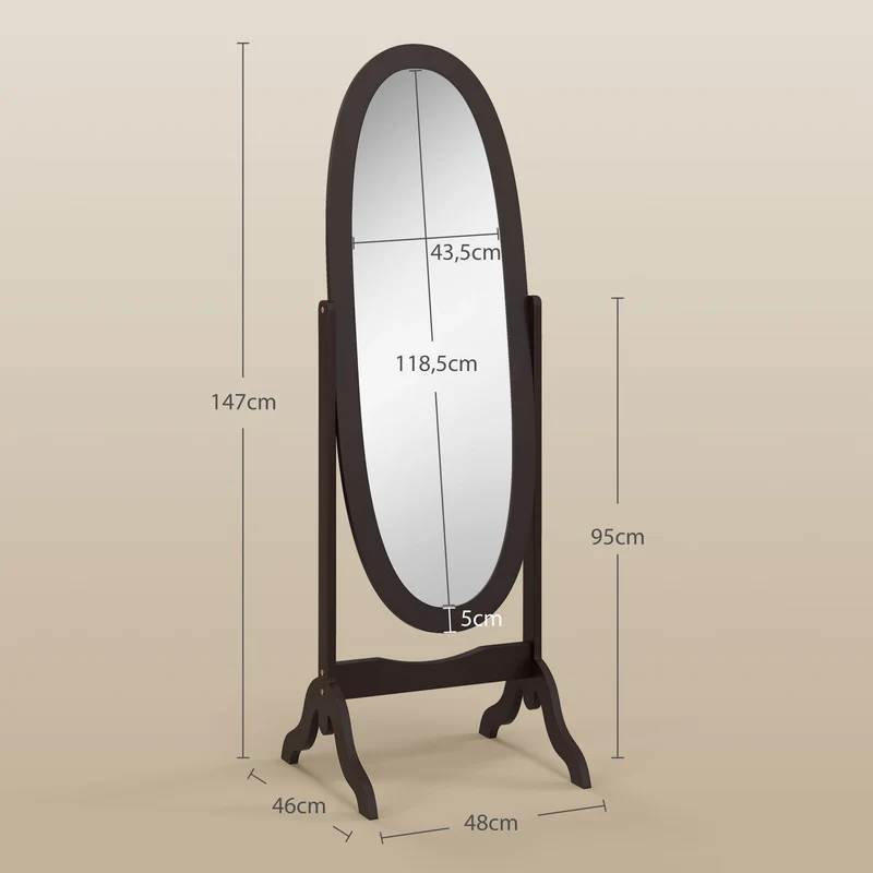 Miroir sur pied ovale chambre 48 x 46 x 147 cm inclinaison réglable base stable style vintage finition mate en MDF café 21_0001497