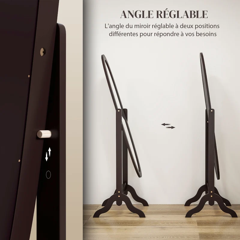 Miroir sur pied ovale chambre 48 x 46 x 147 cm inclinaison réglable base stable style vintage finition mate en MDF café 21_0001497