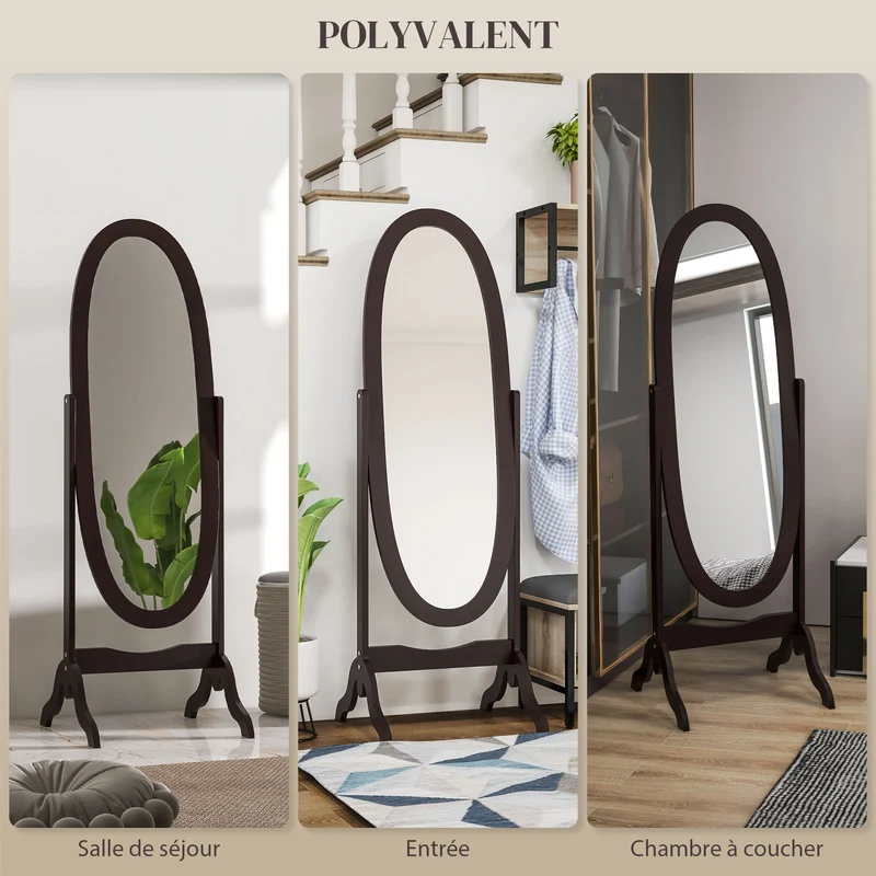 Miroir sur pied ovale chambre 48 x 46 x 147 cm inclinaison réglable base stable style vintage finition mate en MDF café 21_0001497