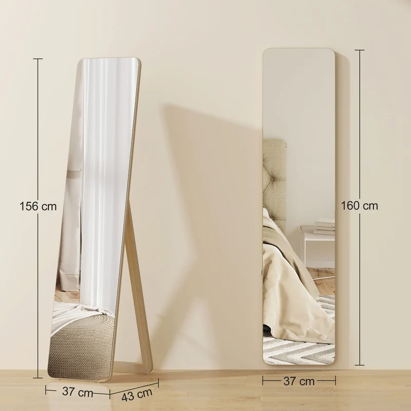 Miroir sur pied et mural rectangulaire 37 x 43 x 156 cm bords arrondis anti-éclat moderne épuré en MDF bois naturel 21_0001475